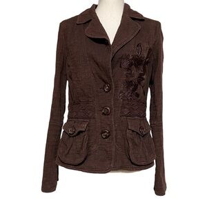 LOVE POLLY WOMENS CHOCOLATE BROWN JACKET WITH FLORAL EMBROIDERY SIZE MEDIUM